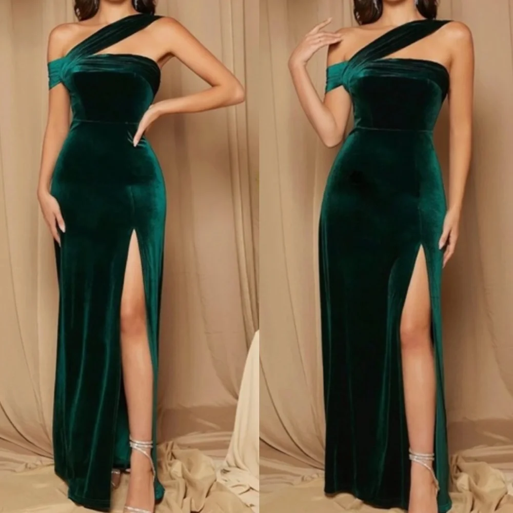 Luxe velvet one shoulder slit thigh party formal evening wedding  gown dress